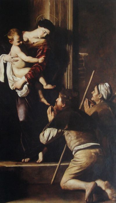 “Madonna di Loreto o Madonna dei Pellegrini”, (1603-1606), 260 cm × 150 cm, Chiesa di Sant’Agostino, Cappella Cavalletti, Roma.